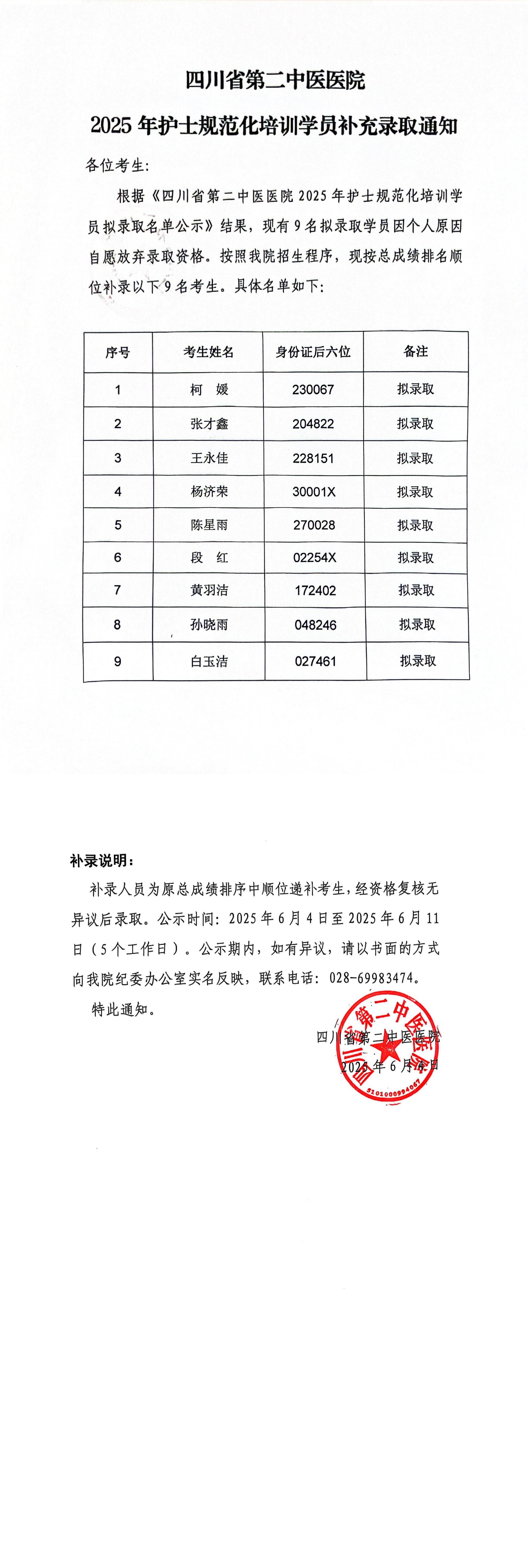 四川省第二中医医院2025年护士规范化培训学员补充录取通知(1)_00.jpg